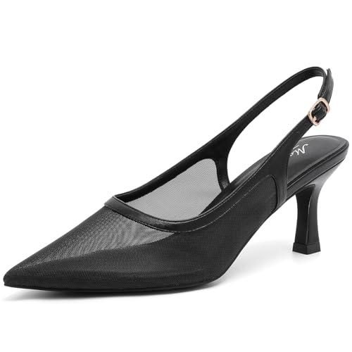 Mostrin Black Kitten Heels for Women Mesh Slingback Heels Pointed Closed Toe Womens Pumps Shoes for Wedding, Party, Commuting Size 8