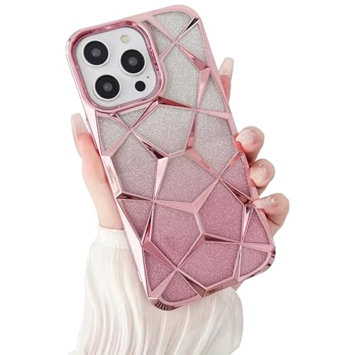 Image of VONZEE Compatible with iPhone 15 Pro Max Gradient Glitter Case, Luxury Electroplated 3D Cube, Diamond Bling Shiny Soft TPU Clear Shockproof Case Women Girls Protective Phone Cover (Rose Gold)