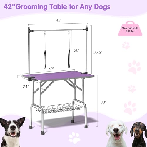 Image of Lyromix 42'' Stainless Steel Pet Dog Grooming Table, Arm /Noose /Tray, Purple