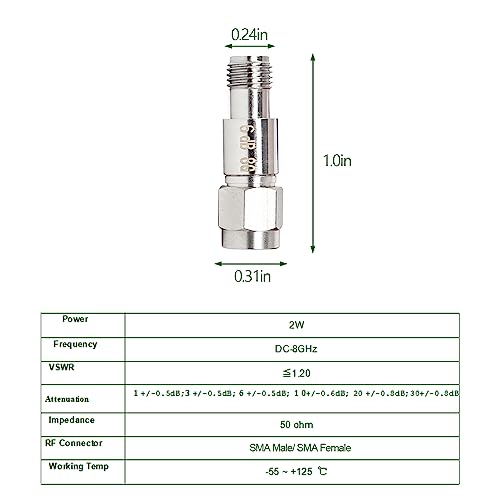 XRDS -RF Atenuador RF coaxial SMA macho para SMA fêmea, CC para 8 GHz, 50Ohm, 2W, atenuador constant