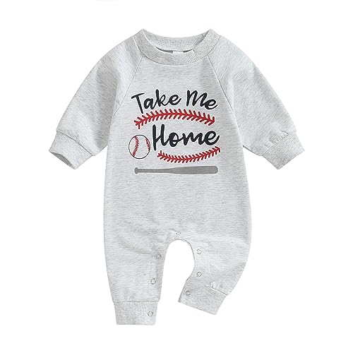 Image of BULINGNA Infant Baby Boy Girl Baseball Jumpsuit Long Sleeve Take Me Home Romper Playsuit Sweatshirt Fall One Piece Outfit