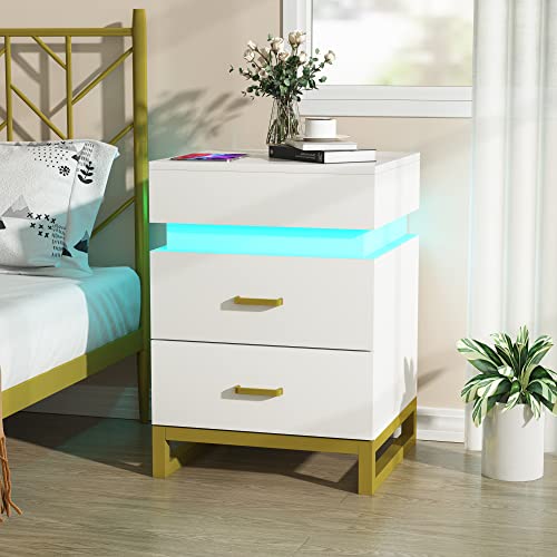 JoliJour Mesita de Noche Blanca Brillante con luz LED y 3 cajones Duradero Mesita de Noche con Tapa Deslizante Mesa de Noche Dormitorio Blanca con Patas de Metal Dorado 60 * 40 * 40CM