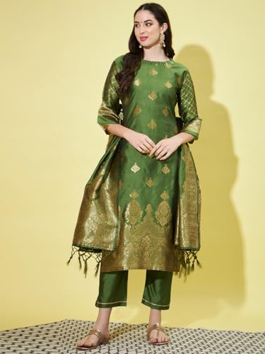 Image of VredeVogel Women's Cotton Silk Jacquard, Banarasi Silk Kurta Pant With Dupatta Set
