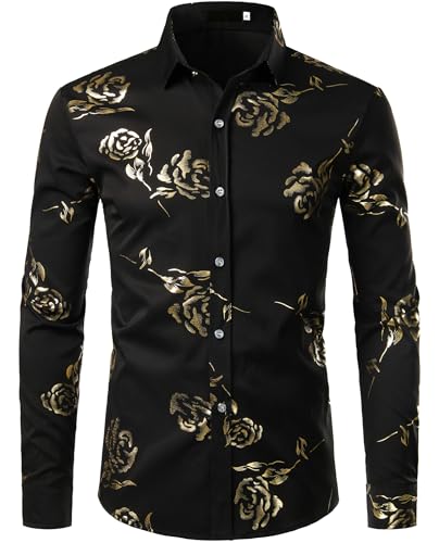 ZEROYAA Mens Hipster Gold Rose Printed Slim Fit Long Sleeve Dress Shirts/Prom Performing Shirts