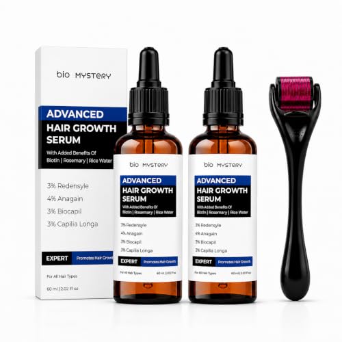 Image of Pack of 2 Advanced Hair Growth Serum With One Derma Roller 0.5 mm | 3% Redensyl + 4% Anagain + 3% Biacapil + Capilia Longa with Biotin, Rosemary & Rice Water - Hair Fall Control & Thicker Hair (Each 60 ml / 2.02 fl oz)