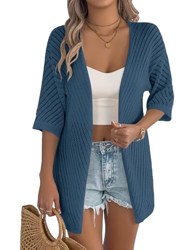 Image of Zeagoo Lightweight Summer Cardigan for Women Short Sleeve V Neck Crochet Kimonos Loose Open Front Hollow Out Cover Ups