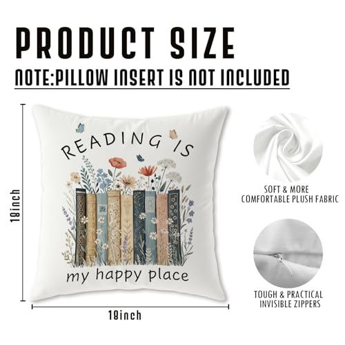 Image of Floar Book Lover Reader Gifts Pillow Covers, Bookish Bookworm Gifts, Reading is My Happy Place Book Pillow Cover Gifts for Women 18x18,Book Nook Decor,Reading Pillow for Kids