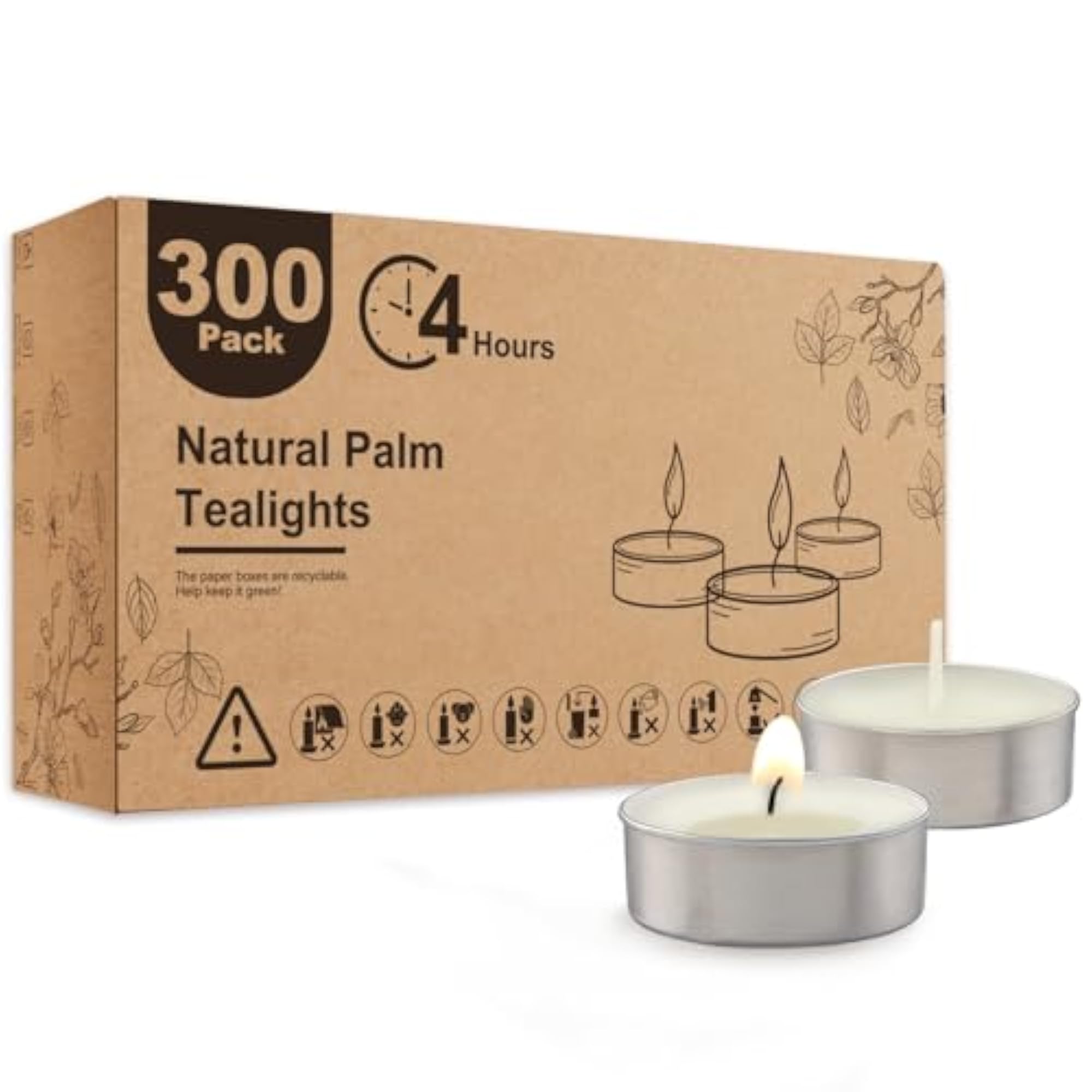 300-Pack Unscented Palm Wax Tea Lights, 4.5 Hours Burn