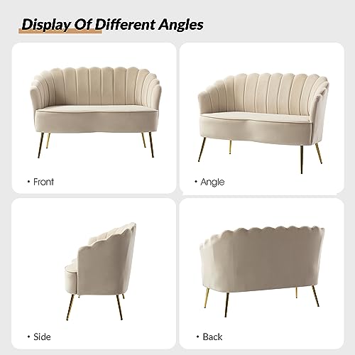 Image of HULALA HOME Modern Velvet Loveseat Sofa with Flower Shaped Back, Comfy Upholstered 2-Seater Sofa with Gold Metal Legs, Small Love Seat Accent Couch for Living Bedroom Leisure Areas, Tan