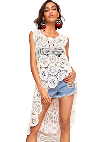 Anna-Kaci Women's Crochet Long Vest Boho Sleeveless Kimono Dress Swimwear Cover up