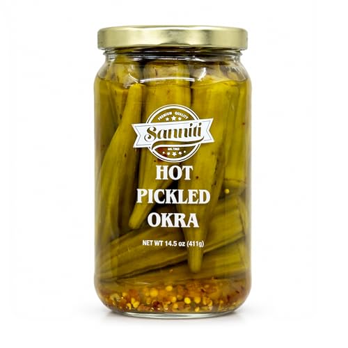 Sanniti Hot Pickled Okra | Infused with Crushed Red Pepper | Crunchy and Fiery Heat | 14.5 oz