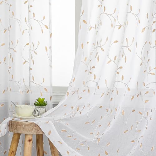 VISIONTEX White Sheer Voile Curtains, Decorative Orange Leaves Embroidery Faux