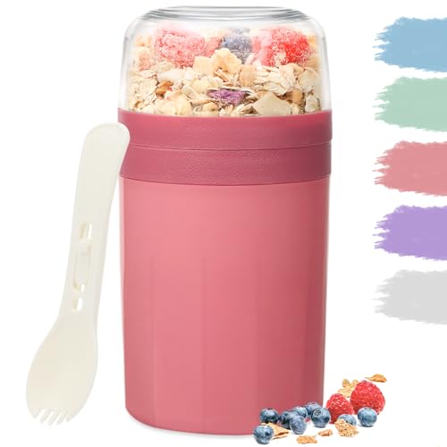 Bugucat Taza de Yogur 520ML+250ML, Porta Yogur y Fruta Vaso de Cereales para Llevar con Tapas y Cuchara, Reutilizable Porta Vaso Portátil Taza de Cereales con Recipiente para Ensaladas,Rojo rosa