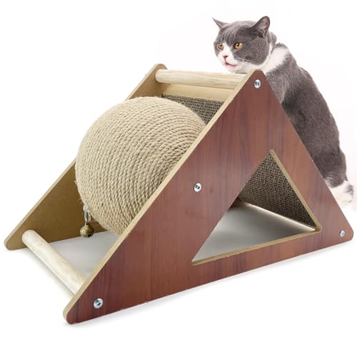 Fhiny Cat Scratcher Toy with Sisal Ball 2-in-1 Rope Ball with Bell & Cardboard Cats Scratching Interactive Solid Wood Durable Scratch for Indoor Kitties Wear-Resistant Furniture Supplies