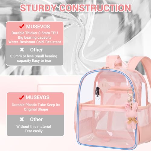 Image of MUSEVOS Clear Backpack for Stadium Events Approved 12x6x12, Thick TPU Mini Clear Bag with Front Pocket for Concert Sport Events Work Travel, Pink