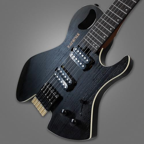 Image of Kadence Headless Electric Guitar HL01, Lightweight Solid Electric Guitar, Solid Ash Wood Body, Alinco H-H Pickup, Rounded Frets, Fixed Bridge, Matt Deep Pore Paint Finish with Bag and Cable (Black)