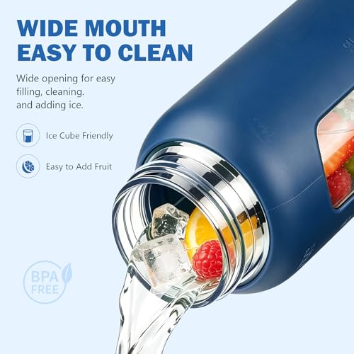 Image of 24 oz Glass Water Bottle with Straw - 2 Lids (Bamboo & Spout Lid), Motivational Borosilicate Glass Daily Water Intake Bottle with Time Marker, Silicone Sleeve for Gym Home Office-Navy Blue
