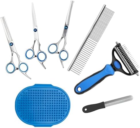 Pet Grooming,Dog Grooming Scissors Stainless Steel,Cat Grooming Brush for Shedding,Pet Nail File,Pet Bath Brush for Dogs,Cats and Other Animals 7 in 1Package