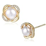 Pearl Earrings Studs 18K Gold Plated - Four Leaf Clover Design Pearl Stud Earrings for Women with Cubic Zirconia - Elegant Jewelry for Women