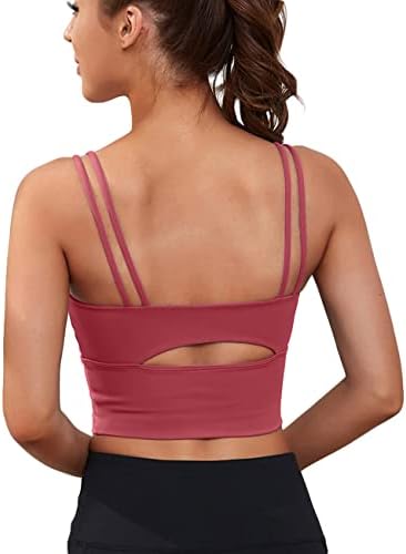 Everrysea Womens Longline Sports Bra Padded Yoga Workout Crop Tank Tops Strappy Camisole Fitness Shirts Rose