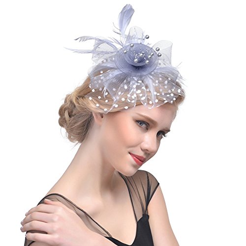 Image of DRESHOW Fascinators Hat Flower Mesh Ribbons Feathers on a Headband and a Clip Tea Party Headwear for Girls and Women