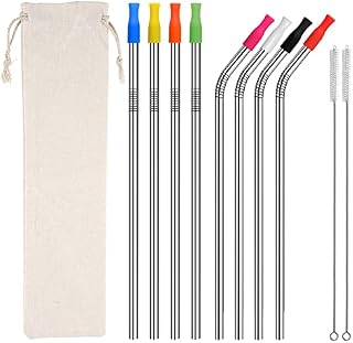 MVS Wholesale 19 Piece Set, 8 Reusable Eco Friendly Silver Metal Stainless Steel Drinking Straws, 2 Cleaning Brushes, 1 Storage Bag, 8 Silicon Tips 4 Straight, 4 Bent, Smoothie, Hot Drinks (SSS0101S)