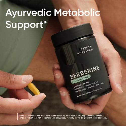 Image of Sports Research Berberine Supplement with Coconut Oil - Herbal & Ayurvedic Metabolic Health Support - Berberine 500mg, 90 Softgels - Gluten-Free, Non-GMO Berberine Powder