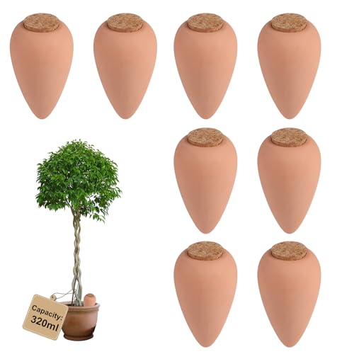 EXLECO 8 × 320ml Oyas Arrosage avec Liège, Arrosoir Terreau Plante Intérieur, Cône à Radis Olla pour Arrosage Automatique des Fleurs, Distributeur Eau Plante, pour...