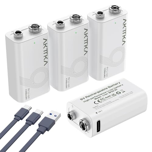 AKTTKA Paquete de 4 Baterías de Litio Recargables de 9V 1350mAh, con Cable de Carga Tipo C, Adecuadas para Multímetros Portátiles, Detectores de Metales y Medidores de Línea