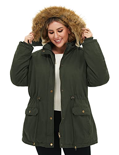Soularge Women's Winter Plus Size Thick Fur Hooded Coat(Army green,2X) — view 5