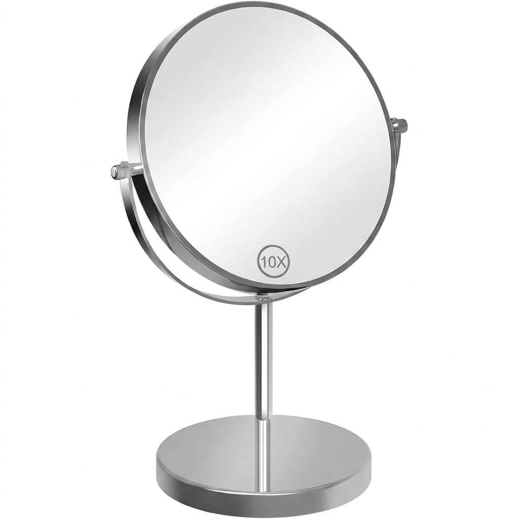 ARREBLY Double Sided Tabletop Makeup Mirror 1X/10X Magnification, 8 Inch Large Round Vanity Mirror, 360° Swivel Freestanding Desktop Mirror, Chrome Finish, No Light, for Bathroom, Bedroom & Shaving