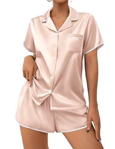 Image of Ekouaer Womens Satin Pajamas Set 2 piece Silky Buttton Down Short Pjs | Silk Notch Collar Top and Soft Shorts Lounge Set for Sleep, Daily Wear, Home, Wedding, Party