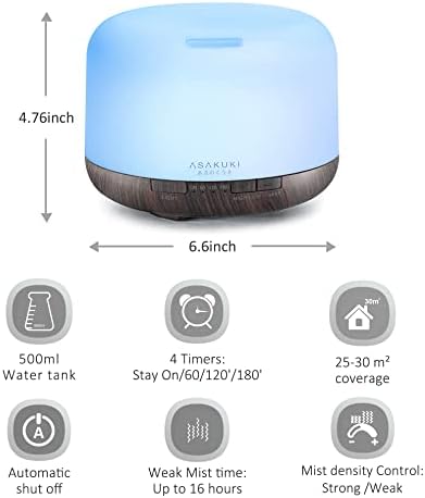 ASAKUKI 500ml Essential Oil Diffuser, Premium 5 In 1 Ultrasonic Aromatherapy Scented Oil Diffuser Vaporizer Humidifier, Timer and Waterless Auto-Off, 7 LED Light Colors