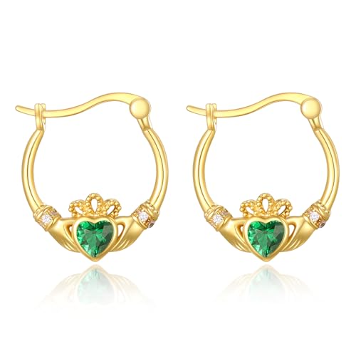 F4DEDAN 14K Gold Plated Claddagh Earrings for Women 925 Sterling Silver Irish Earrings Loop St Patricks Day Jewelry for Women Irish Gifts for Mom