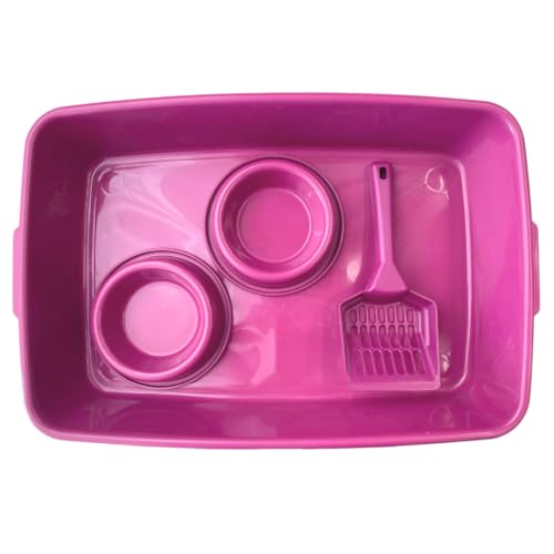 Kit Caixa de Areia para Gatos com 2 Potes e Pá Higiênica (Rosa) | Bandeja 43 x 30 cm, Potes de 150 ml, Pá de 22 cm, Polipropileno Resistente, Bordas Elevadas