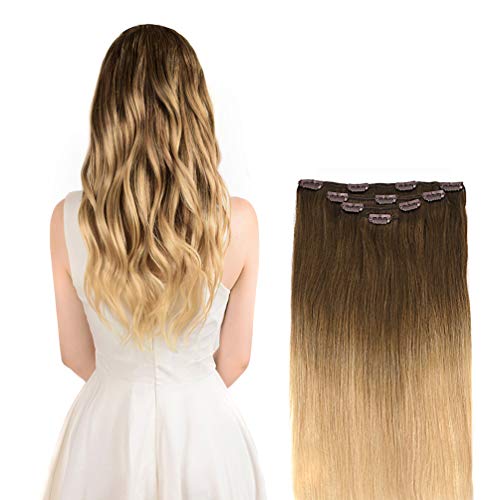 16" Clip in Hair Extensions Remy Human Hair for Women - Silky Straight Balayage Hair Extensions Human Hair 55grams 4pieces Light Brown to Natural Blonde #8/24 Color