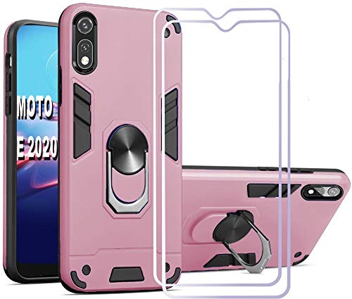 Folmeikat Moto E 2020, Motorola Moto e Phone Case, Screen Protector [2Pack] 360 Degree Rotating Metal Ring Slim Shock Absorption Reinforced Corner Soft TPU for Motorola Moto E 2020 6.2' Rose Gold