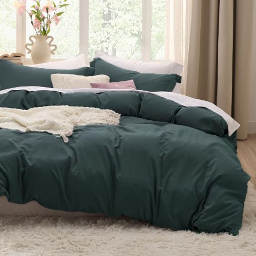 Image of Bedsure Prewashed Duvet Cover Full, Cotton-Like Bedding Set, Forest Green | Ultra Soft, Relaxed Texture, 80 inchx90 inch Breathable Comfort, Hidden Zipper, 8 Corner Ties, Easy Care, OEKO-TEX, Year-Round Use