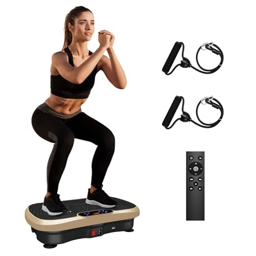 Moziel Plateforme Vibrante, Plaque Vibrante Oscillante 99 Niveaux d'Intensité & 5 Programmes, avec Haut-Parleur Bluetooth, 2 Bandes Résistances et Télécommande-Or