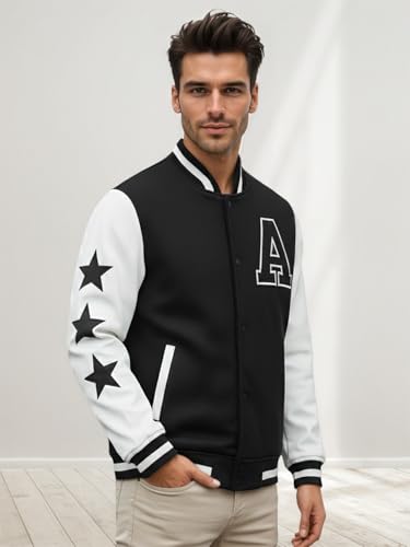 Image of CHKOKKO Men's Regular Varsity Jacket with Snap Button Closure and Patch Design Trendy Comfortable Outerwear for College Travel and Casual Wear