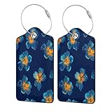 Paquete de 2 etiquetas de equipaje de cuero con solapa de privacidad y lazo de metal para maleta, diseño de flores abstractas en color azul