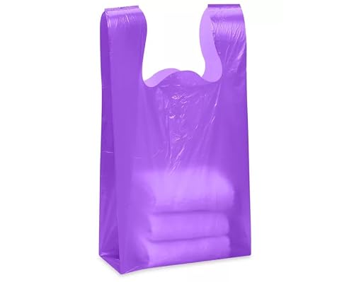 Purple Disposable Recyclable Plastic Merchandise Shopping Bags with Handles, Medium 11.5 x 6 x 21 in Retail T-Shirt Checkout Bags for Boutiques, Clothing Stores, Parties, Salons, Takeout - 100 Pack