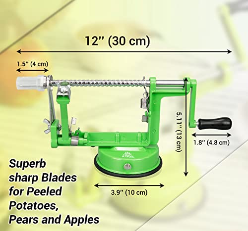 ARSUK Apple Peeler, Corer, Slicer (Premium Quality) 3 in 1 Peeling Machine, Easy Peel and Spiralizer Tool, Stainless Steel Sharp Blade, Blade, Apple Core Remover, Powerful Suction Base (Green Color)