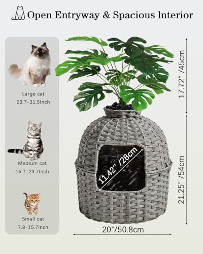 Image of SETVSON Cat Litter Box Plant Enclosure, Hidden Handwoven Rattan with Cat Litter Box Furniture and Artificial Plants, Odor Control Filter, Real Stones in Living Room, Bedroom, Corner (Gray)