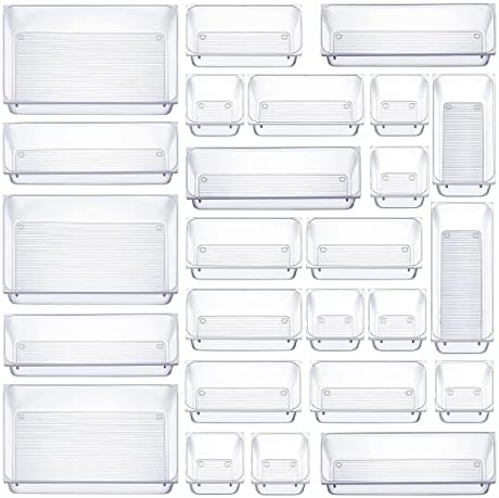 25 Pcs Drawer Organizer Set Dresser Desk Drawer Dividers - 4 Size Bathroom Vanity Cosmetic Makeup Trays - Multipurpose Clear Plastic Storage Bins for Jewelries, Kitchen Gadgets and Office Accessories