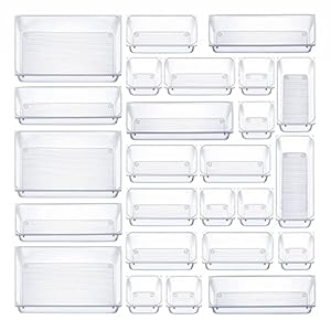 25 Pcs Drawer Organizer Set Dresser Desk Drawer Dividers – 4 Size Bathroom Vanity Cosmetic Makeup Trays – Multipurpose Clear Plastic Storage Bins for Jewelries, Kitchen Gadgets and Office Accessories