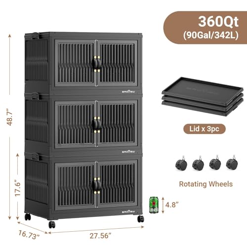 360Qt Stackable Storage Bins with 3 Lids, Extra Large Closet Organizer Collapsible Drawer Boxes with Wheels, Folding Plastic Cabinet Containers for Home Kitchen Room Organization, 3Pack Black