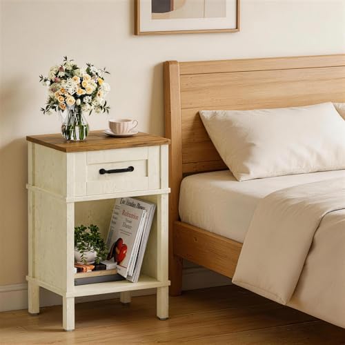 YAUKTAK White Farmhouse Nightstand with Drawer, Small Wooden Bedside Table,