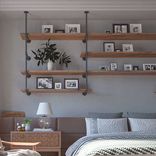 Yuanshikj 2Pc (56" Tall 12"Deep 3/4") Industrial Wall Mount Iron Pipe Shelf Shelves Shelving Bracket Vintage Retro Black Open Bookshelf Bookcase Diy Storage Office Kitchen (2 Pcs 4Tier Hardware Only ) #TOP3