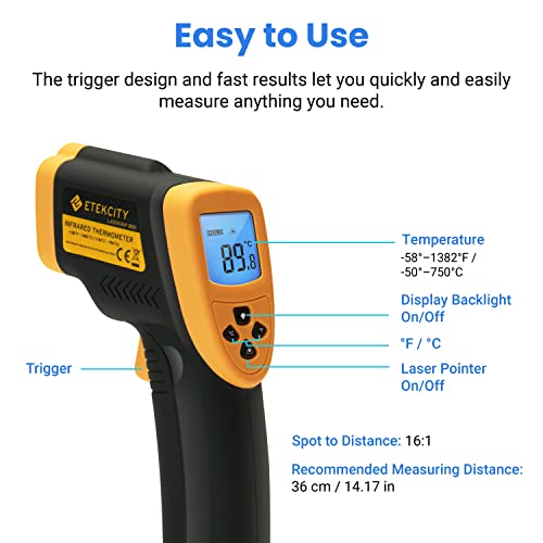 Etekcity Thermomètre Infrarouge sans Contact Laser de -50°C à 750°C, Large Plage de Mesure, Précision Haute, Arrêt Automatique, Ecran LCD Rétroéclairé, Impossible de mesurer la température corporelle - Image 8